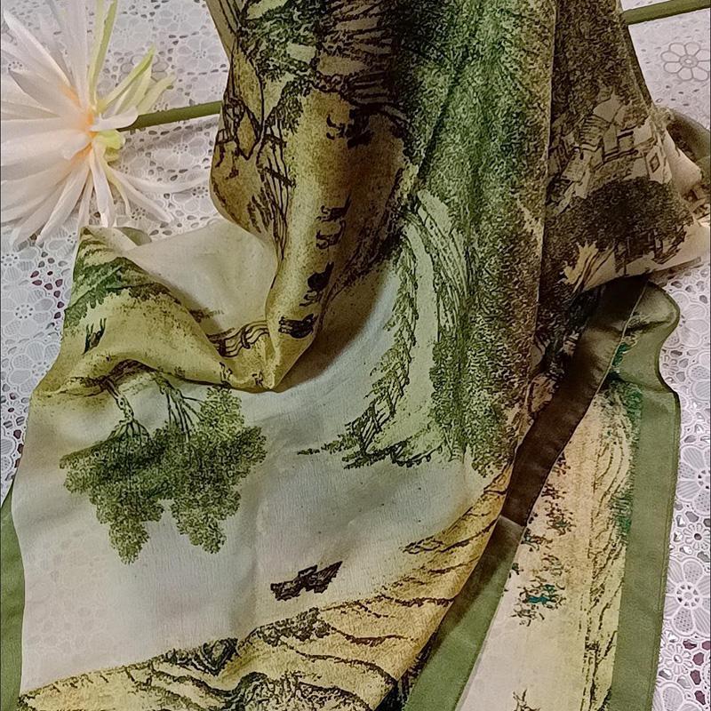 Chinese Painting Style Scarf Flower Wrap Shawl Silk Imitation Satin Women Elegant All-match Headscarf Sunscreen Gauze Shawl
