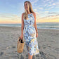 Summer Fashion Print Dress Sling Dress Casual Lace Up Waist