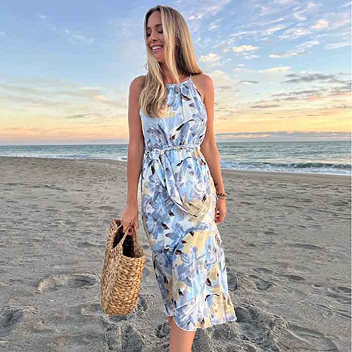 Summer Fashion Print Dress Sling Dress Casual Lace Up Waist