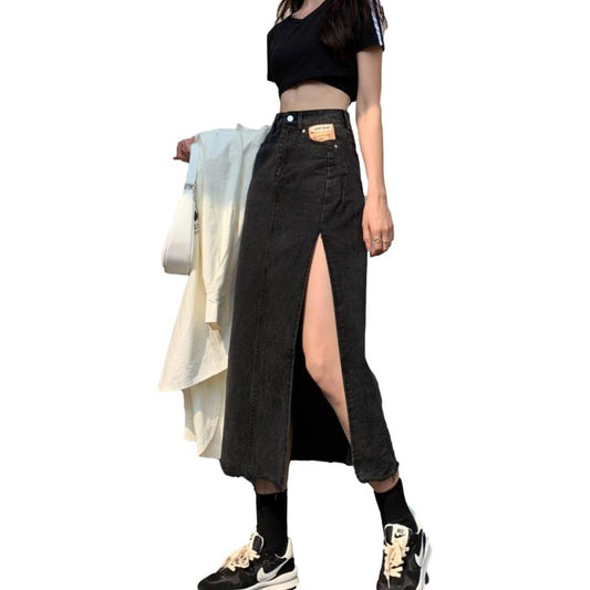 Denim Skirt Long Skirt Women Solid Split  High Waist Over The Knee Hip Skirt Casual Club Home Office