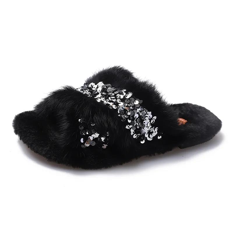 Ladies Cotton Slippers Shiny Flat Shoes Autumn and Winter Warmth Fluffy Casual Fashion