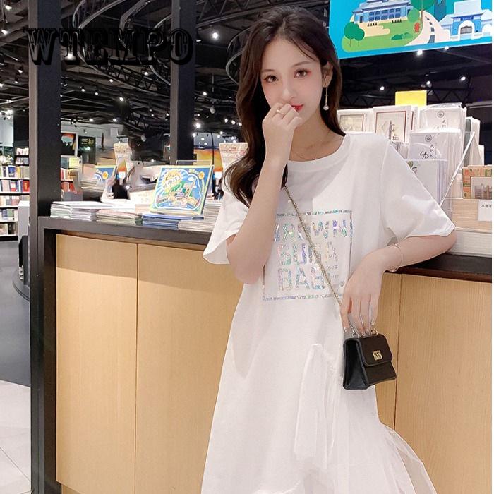 Women Mesh Patchwork Short Sleeve Ball Gown Elegant Casual A -Line Dresses O Neck Knee -Length Dress
