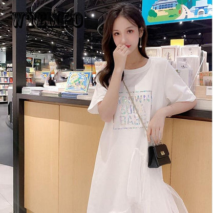 Women Mesh Patchwork Short Sleeve Ball Gown Elegant Casual A -Line Dresses O Neck Knee -Length Dress
