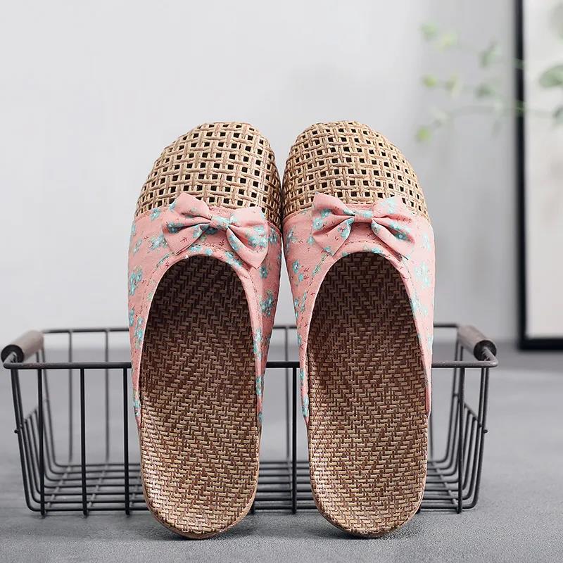 Summer Subgrass Woven Sandals and Slippers Ladies Linen Slippers Home Indoor Non-slip Floor Thick Bottom