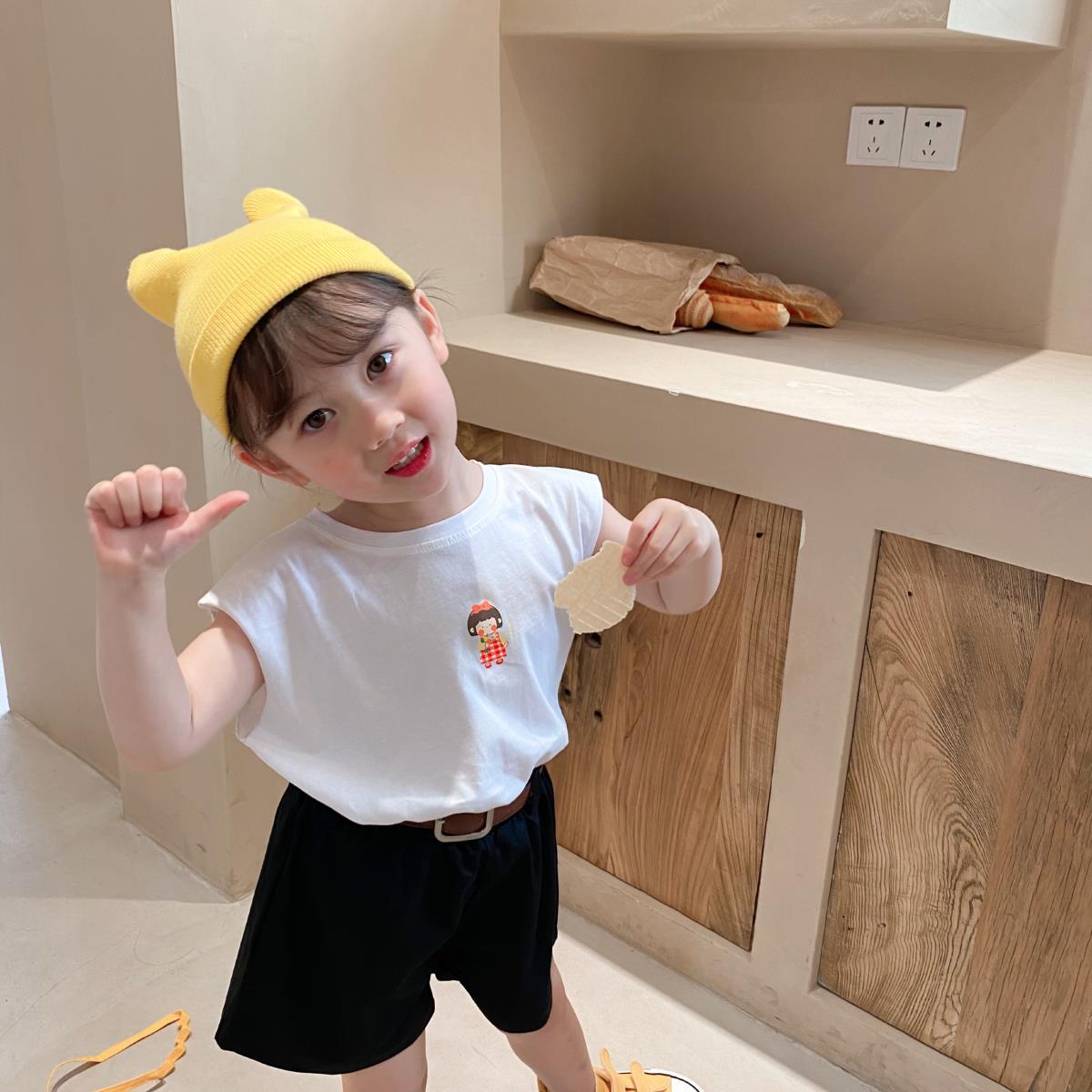 Summer Kids Cute Tops Korean Style T Shirts Girls' Short Sleeve T-shirt Open Back Printed Solid for Children Girls