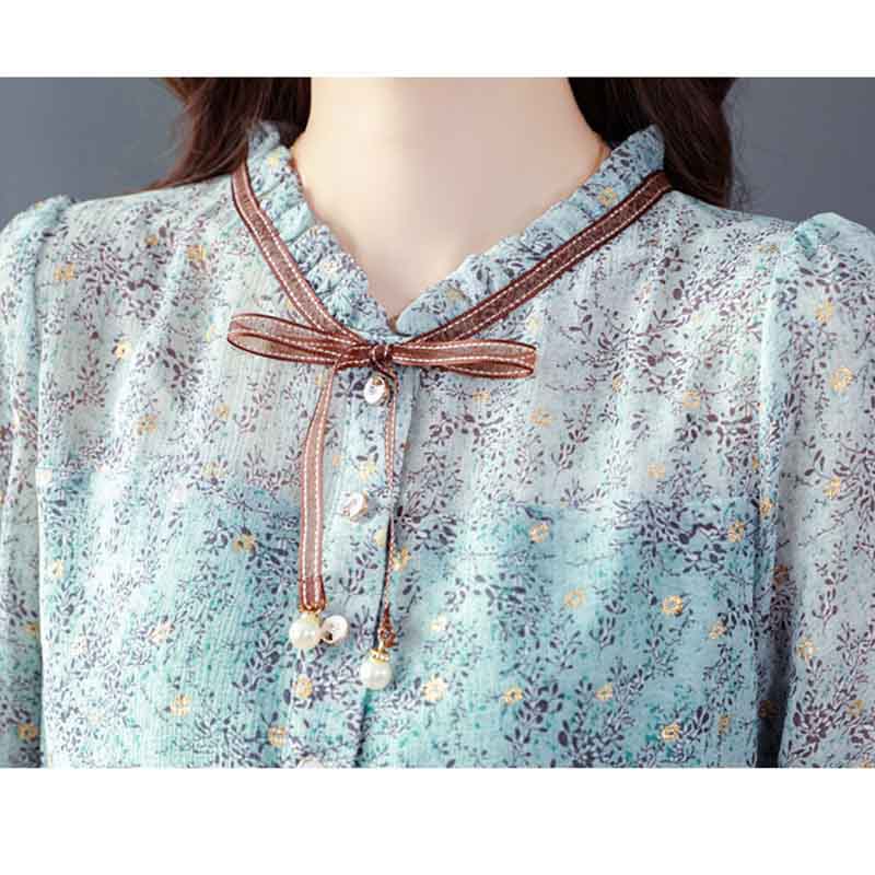 Floral High-end Chiffon Shirt Top Women's Large Size Small Shirt Fashion Temperament Long Sleeves