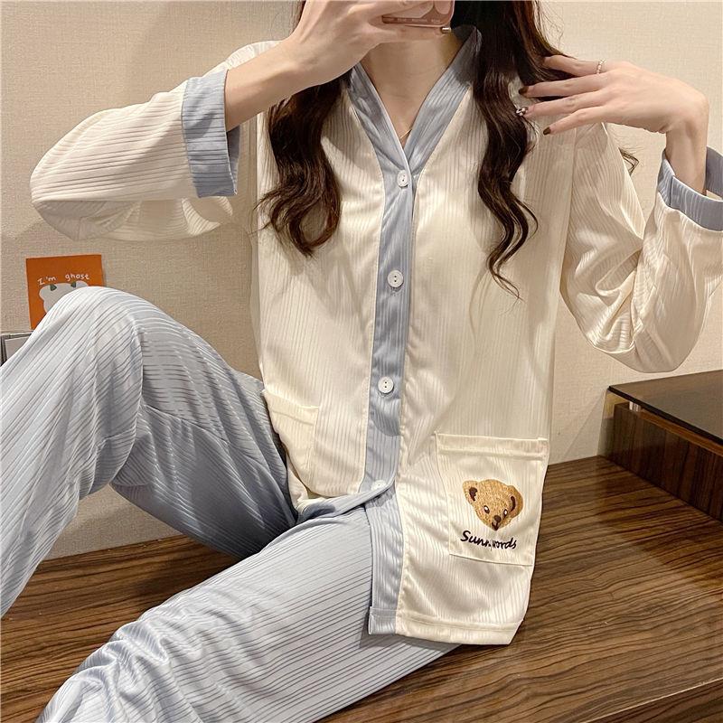 Women's Spring Autumn Long-sleeved Pajamas Set Sweet Cute Printing V-neck Button Suit Cartoon Out Wear Pyjamas Casual Loose Homewear Set Sleeping Suit