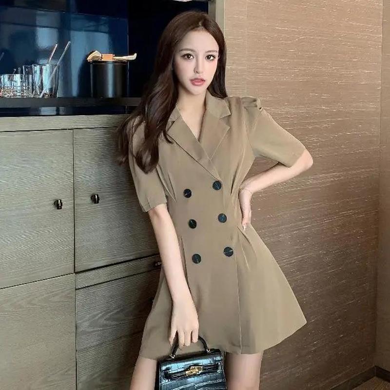 Summer Waist Thin Suit Collar Dress All-match Temperament Can Be Salty or Sweet Midi Skirt Women's Solid Color Casual A-line Skirt