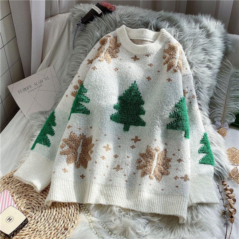 Women's Christmas Sweater Loose Snowflake Print Pullover Sweater Top Thick Warm Knitwear Outer Wear