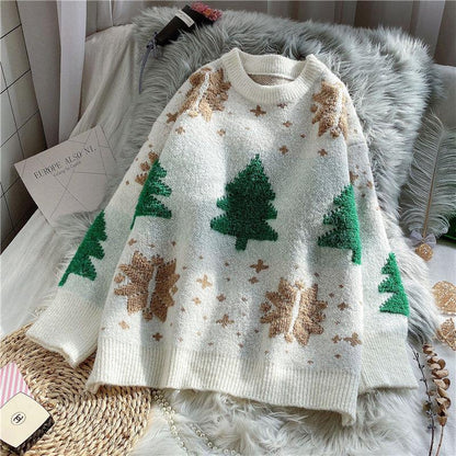 Women's Christmas Sweater Loose Snowflake Print Pullover Sweater Top Thick Warm Knitwear Outer Wear