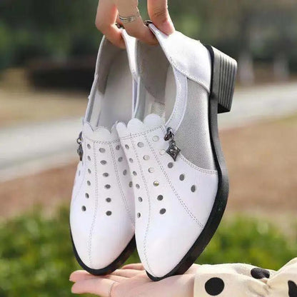 Women's Shoes Thick Heels Mid-heel Hollow Single Shoes Mesh Leather Shoes Summer Soft-soled Work Shoes Sandals