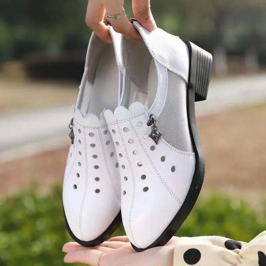 Women's Shoes Thick Heels Mid-heel Hollow Single Shoes Mesh Leather Shoes Summer Soft-soled Work Shoes Sandals