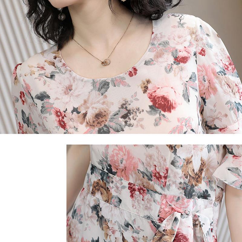 Short-sleeved Chiffon Dress Women's Summer Large Size Waist Was Thin and Long Round Neck Floral Skirt Fashionable Temperament
