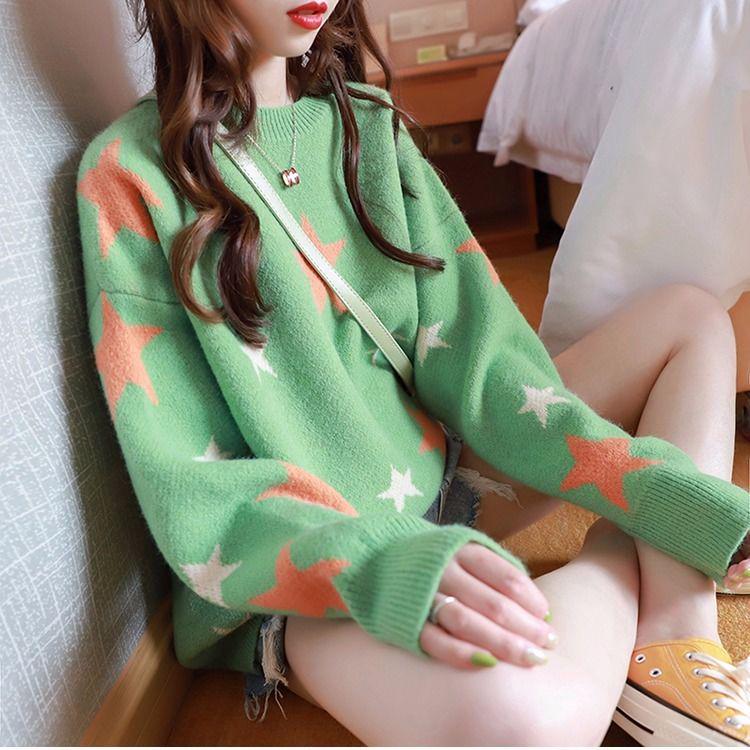 Fashion Knitted Sweater Autumn and Winter Jacquard Round Neck Pullover Sweater Women Loose