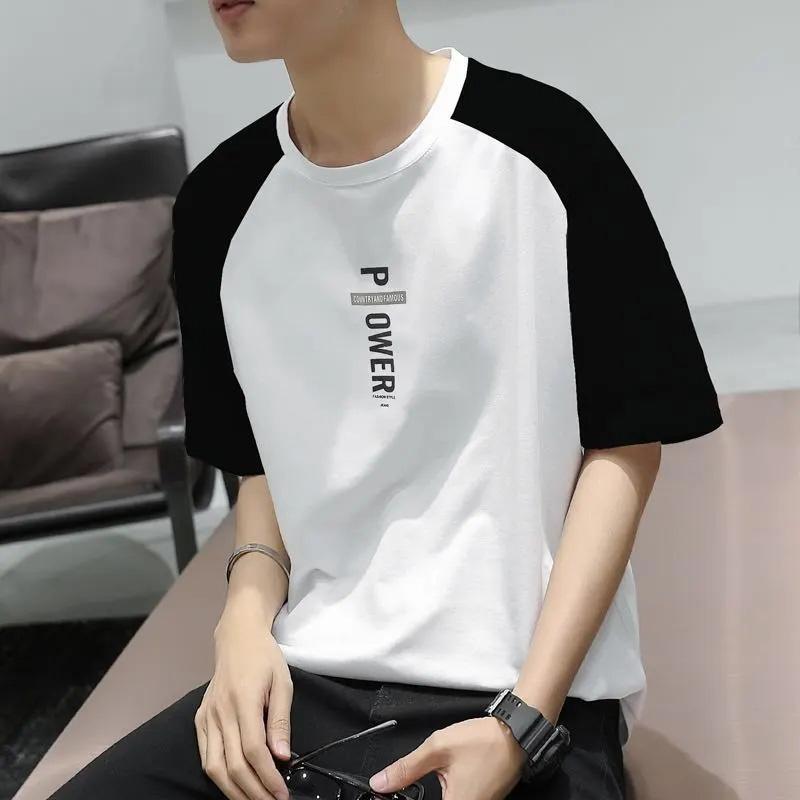 Pure Cotton Short-sleeved T-shirt Loose Men's Round Neck Teenager Korean Trend Men's Five-point Sleeve Top Clothes