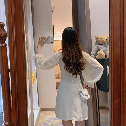 Women Spring Summer Vintage Long Sleeve Short Dress Slim High Waist Elegant Solid Color A-line Party Dress