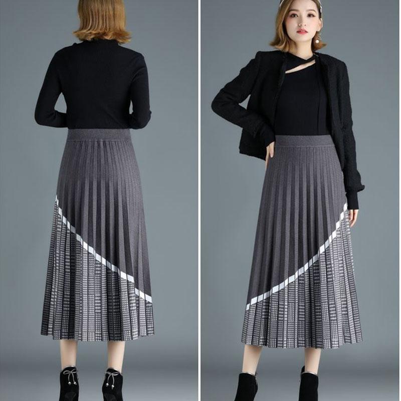 Women's Knitted Skirt Autumn and Winter Thick Retro Knit A-line Skirt High Waist Long Knitted Pleated Skirt Thousand Island Grid Stitching