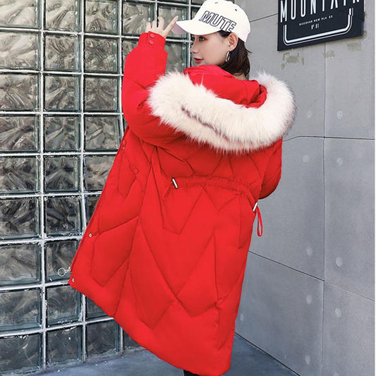 Ladies Winter Coat Mid-length Large Fur Collar Hooded Down Coat Slim Fit Hooded Thick Warmth Parka Coat