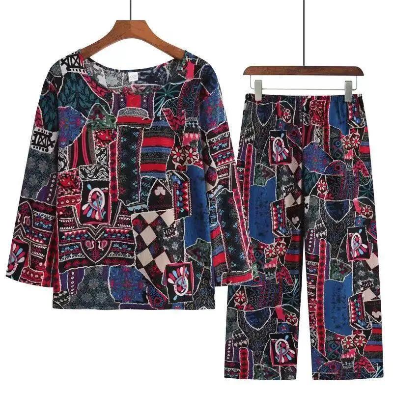 Mom Long-sleeved Home Wear Set Women's Retro Floral Printing Pajamas Ethnic Style Middle-aged Elderly Large Size Loose Pajamas Two-piece Set