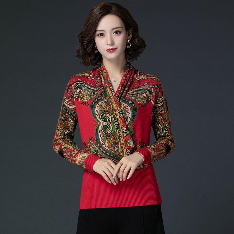 Autumn Winter Ethnic Style  Floral Print Sweater Knit Pullover Jumper Tops  Casual Slim Warm Woolen Sweater