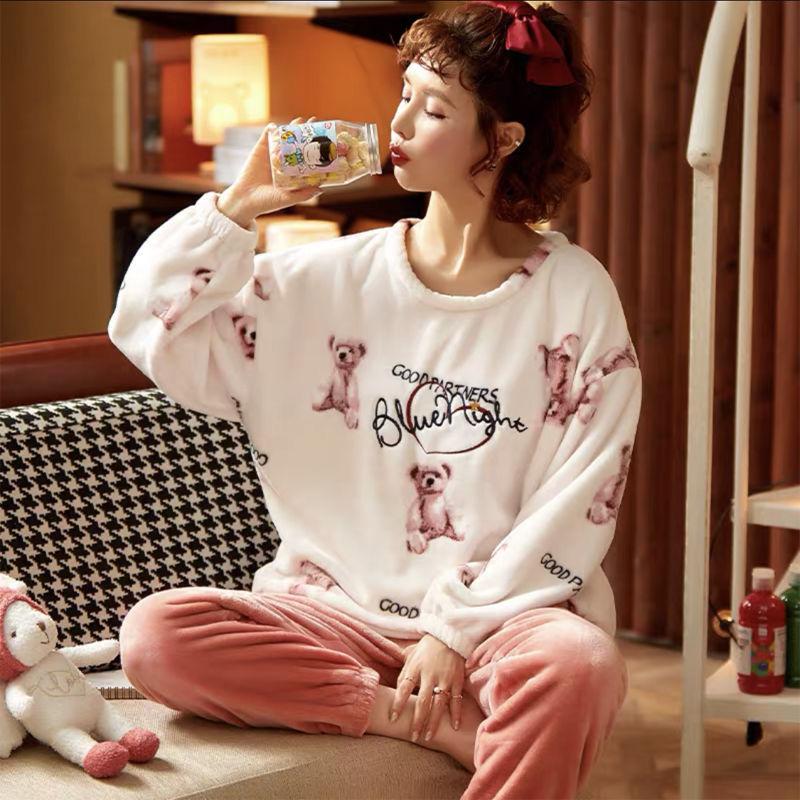 Winter Thickened Warm Pants Suit Autumn and Winter Coral Fleece Warm Loose Large Size Women's Pajamas