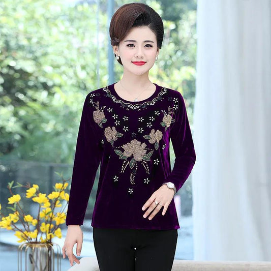 Mother's Clothing Spring and Autumn Long-sleeved Bottoming Shirt Women's Gold Velvet T-shirt Printing Loose Top