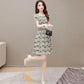 Women's Summer Print Mid-Length Dress Large Size Loose V-Neck A-Line Skirt