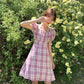 Summer French Elegant Square Neck Bubble Sleeve Plaid Dress Female Waist Slim Short Vacation Dress