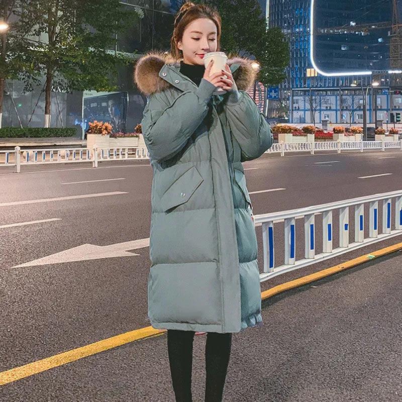 Down Jacket Winter Korean Fashion Big Fur Collar Mid-length Hooded Thick Warm Large Size Jacket Suitable for Women