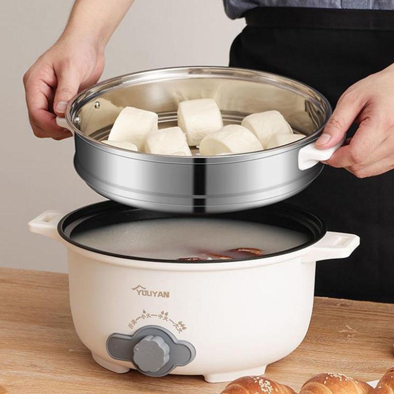 1000W Stainless Steel Electric Heat Pot Wok Non-stick Pot Porridge Pot with Steamer for Family 26cm