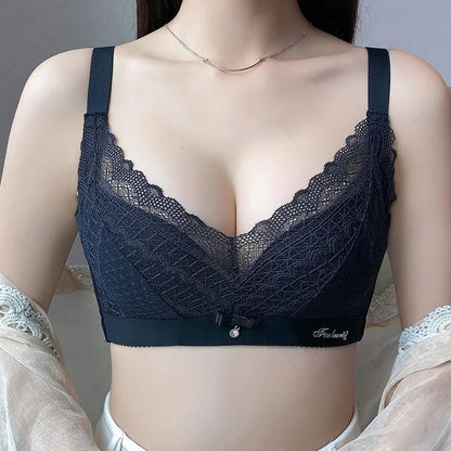 Latex Hole Cup Thin Underwear Sexy Lace Diamond Decoration No Steel Ring Breast Top Support Gather Breathable Rear Four-row Buckle Adjustable Bra