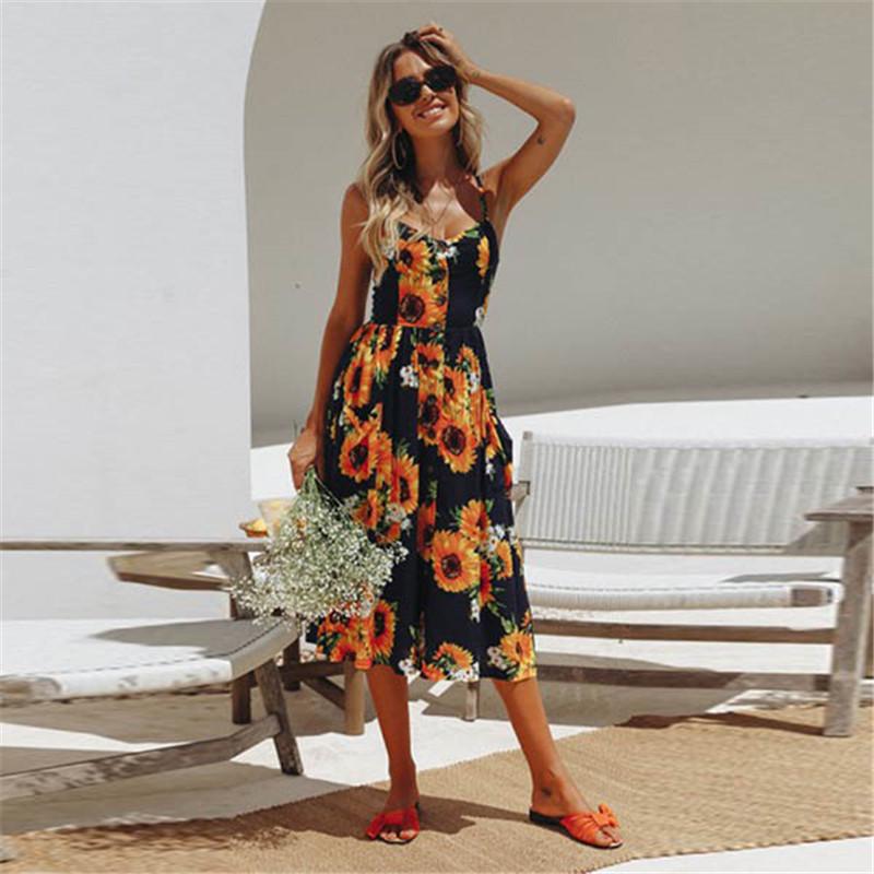 Pofulove Vintage Casual Sundress Female Beach Dress Midi Button Backless Polka Dot Striped Women Dress Summer  Boho Sexy Floral Dress