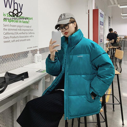 Parka Thick Winter Women Jacket White Cotton Coat Streetwear Short Stand Collar Korean Loose Puffer Jackets Solid Warm Outerwear