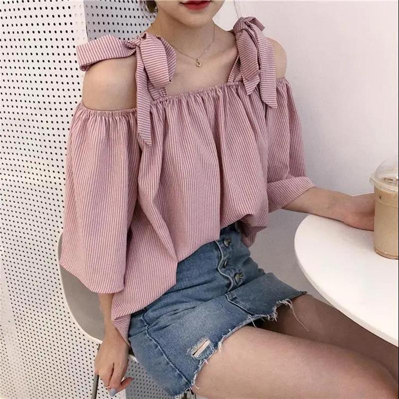 Striped Shirt Women's Lace-up Short-sleeved Shirt Loose One-shoulder Top Chiffon Loose Sweet and Elegant Ladies Off-shoulder Shirt