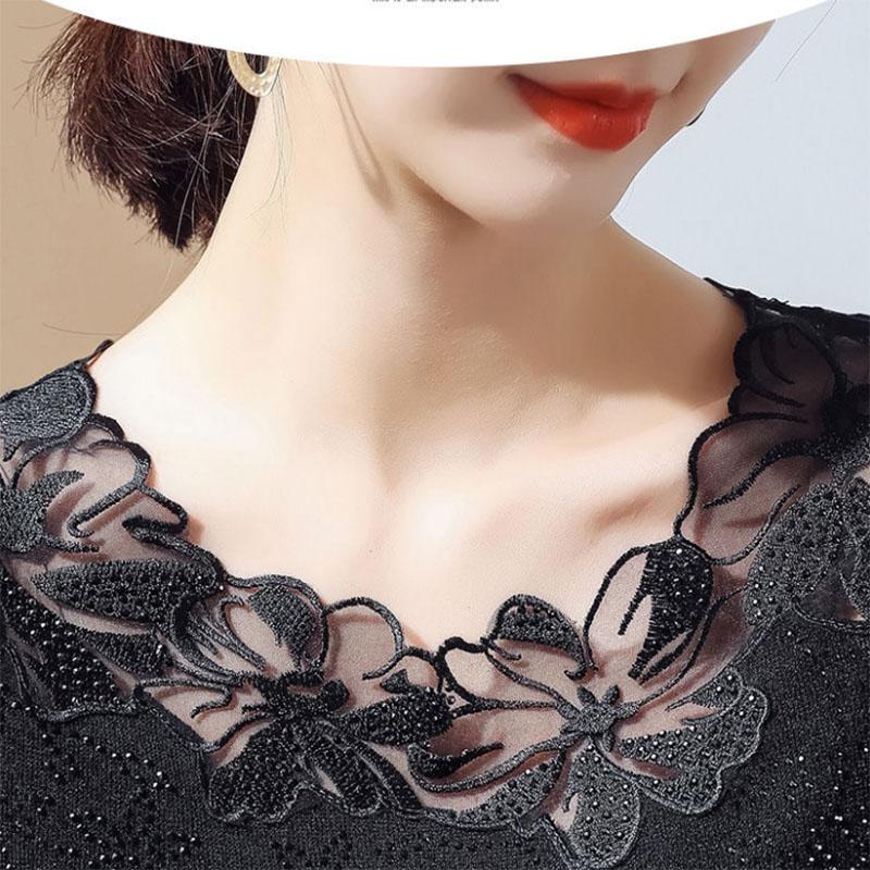 Large Size Women's Lace Shirt Long Sleeves Outer Wear Hollow Thin Inner Mesh Bottoming Shirt