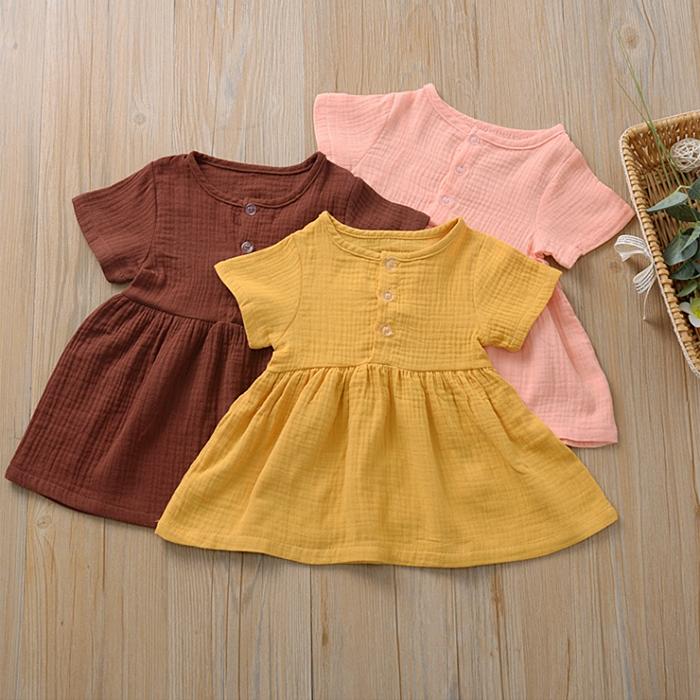 Toddler Kid Baby Girl Summer Dress Ruffles Sleeves Party Children Girls Casual Button Dress Sundress Clothes Pure Color Retro A-line Skirt
