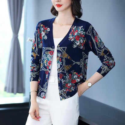 Autumn Winter New Ladies Cardigan Printed Lazy Knit Sweater Fashion V-neck Jacket Cardigan Sweater