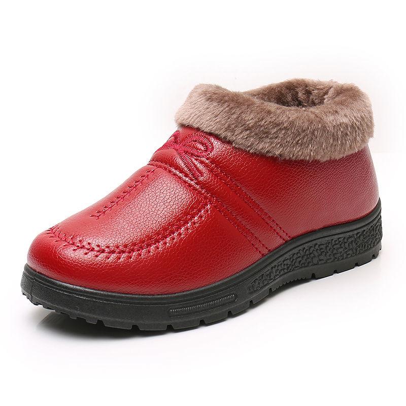 Winter Plus Velvet Warm Cotton Shoes Women's PU Waterproof Non-slip Mother Shoes Comfortable and Lightweight Flat Low-heel Snow Shoes