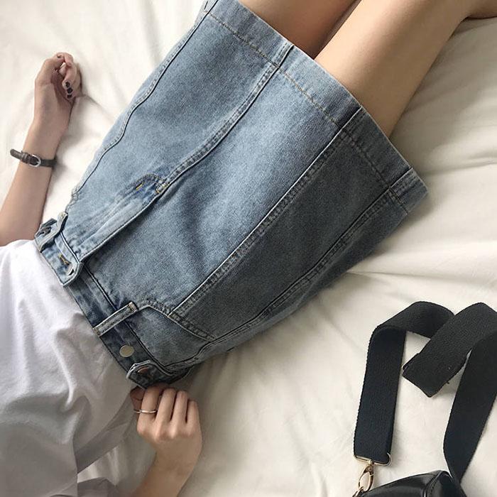 Pofulove Women Retro Anti-light Denim Skirt High Waist Slim Package Hip Skirt Mini A-line Skirts