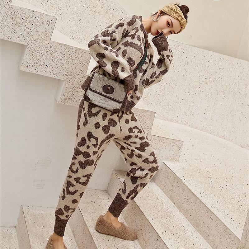 2pcs/set Women Knit Leopard Pullover Sweaters+Pants Sets Woman Fashion Jumpers Trousers 2 PCS Costumes Outfit