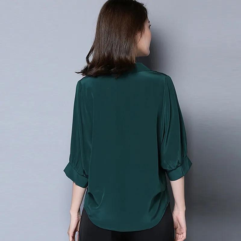 Summer Loose Large Size Simulated Silk Ladies Mid Sleeve Shirt Solid Color Bat Sleeve V-Neck Simple Blouse Casual All Match Pullover Shirts Blouses