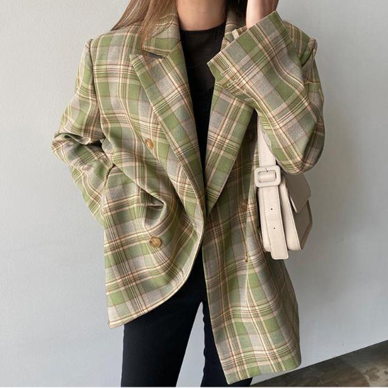 Vintage Loose Women Plaid BlazerAutumn Chic Double Breasted Female Long Sleeve Suit Jackets Stylish Ladies Blazer