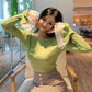 Pofulove Girly Crew Neck Lace Bell Cuffs Base Knitwear Skin-friendly High Elastic Pullover Sweater