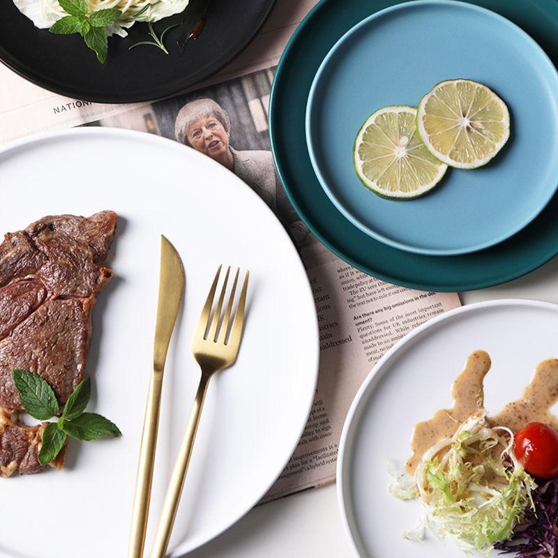 Nordic Ins Wind Color Glaze Tableware Household Steak Plate Dish Net Red Ceramic Simple Creative Western Food Disc Knife and Fork