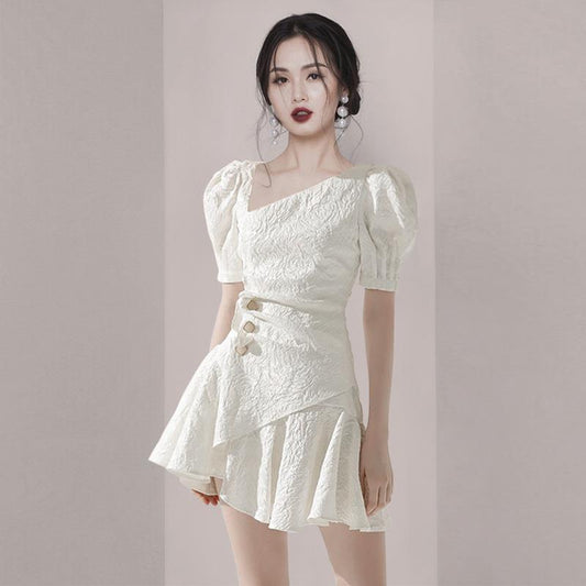 Female French Retro Elegant Slim Fishtail Dress Simple Irregular A-line Party Dress with Oblique Collar