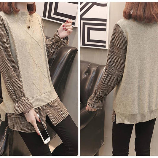 Spring and Autumn Stitching Flared Sleeve Top Loose Plaid Pullover Sweater Fashion Casual Sweater Women