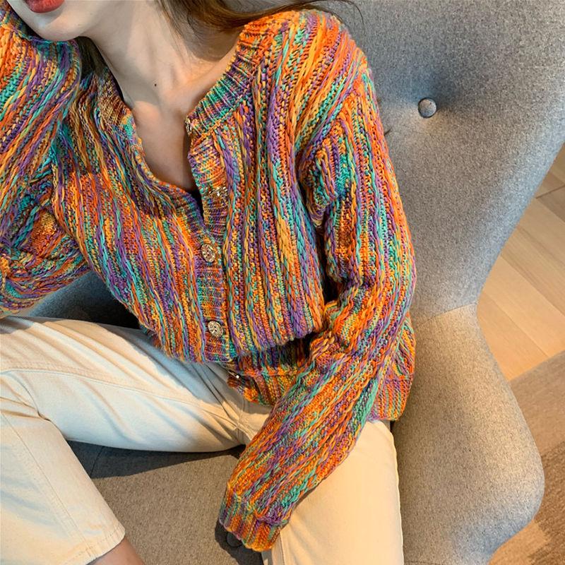 Bohemian Rainbow Colorful Cardigan Sweater Coat Short Top Women Loose Knit Sweater Outer Wear