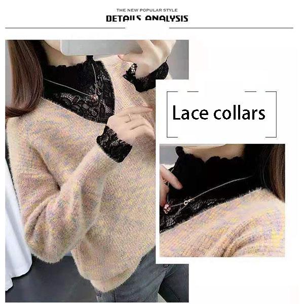 Imitation Mink Velvet Sweater Women Fake Two-piece Lace Stitching Turtleneck Pullover Sweater Colorful Bottoming Outer Wear Knitted Sweater Coat