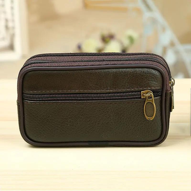 Men's Leather Horizontal Pockets Mobile Phone Waist Bag Wearing Belt Double Mobile Phone Purse Convenient Small Bag