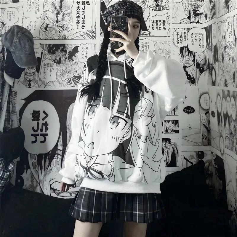 Sweatshirts Women Fashion Cartoon Girl Printed Oversized Pullover Hoodies White Streetwear Hip Hop Harajuku Sweatshirts Tops Winter Clothes Sportshirt